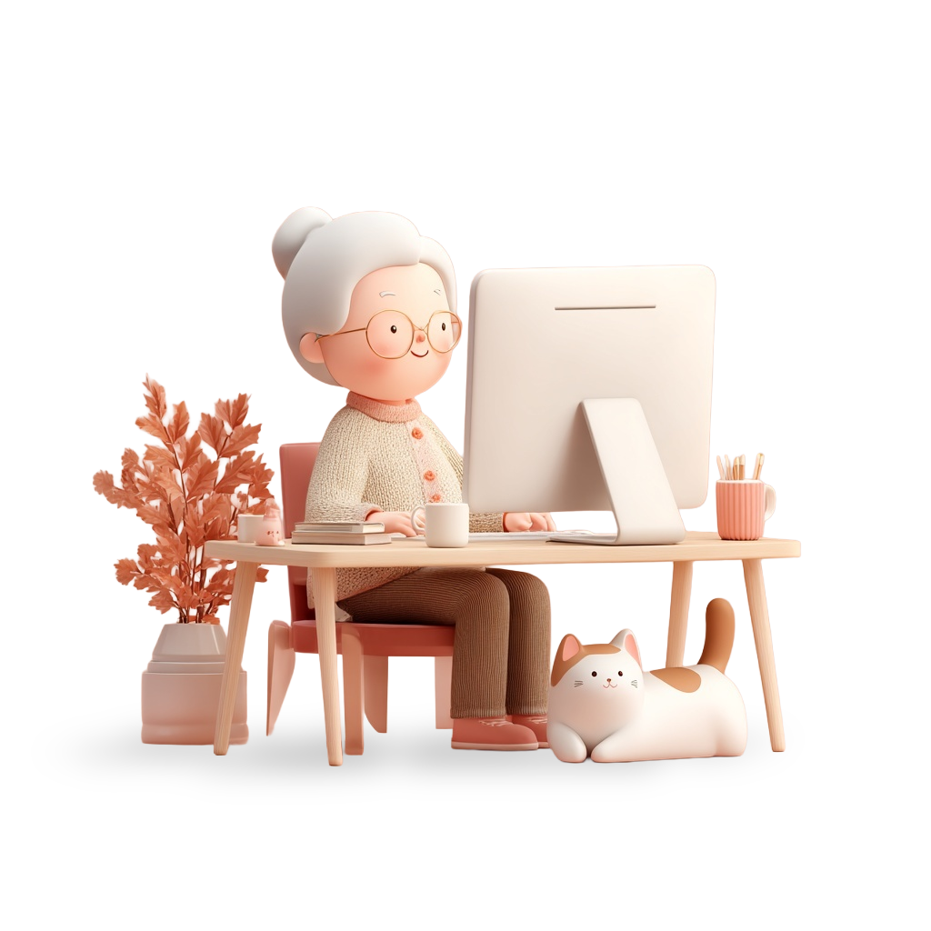 An elderly woman sitting at a desk using a computer. A cat is laying under the desk, and a potted plant sits to the side of her. Playful aesthetic.
