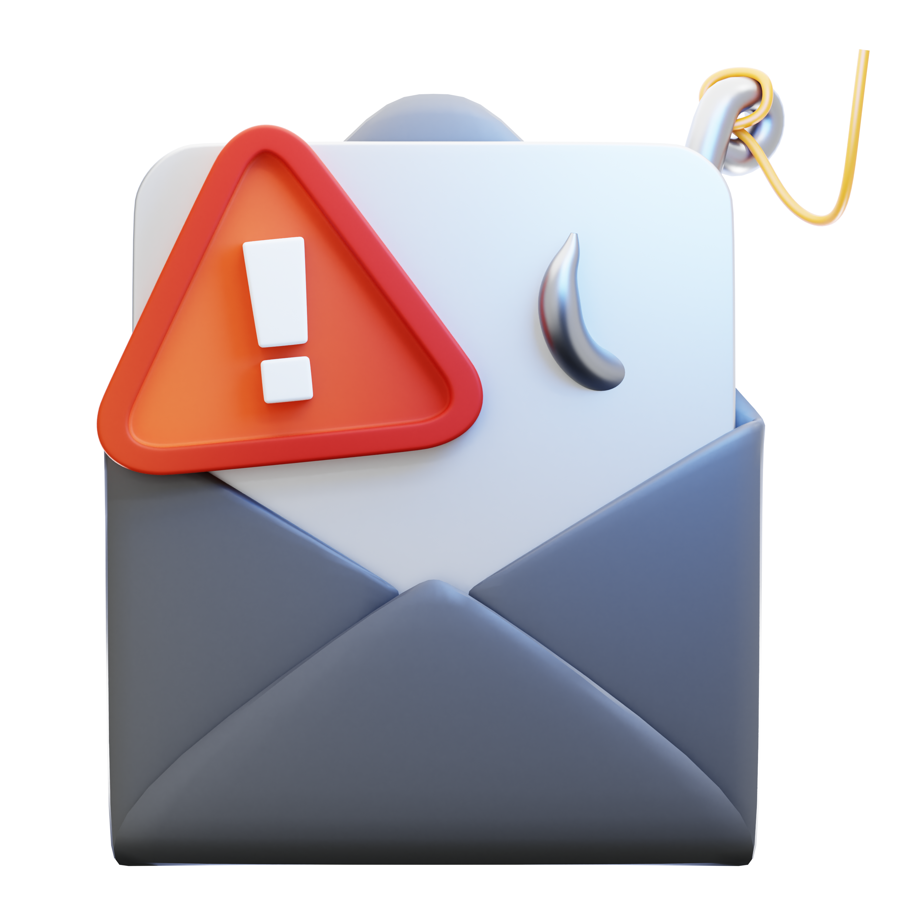 An icon of a email with a fishing hook through it and an alert, a triangle with an exclamation mark, hovers in front of it.