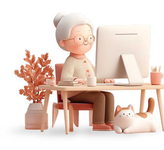 An older adult sitting at her desk using a computer, with a cat resting nearby