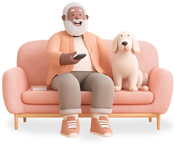A man and his dog sitting on a couch, a remote control in the man's hand
